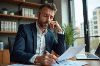 Homme d'âge moyen en blazer blanc dans un bureau moderne