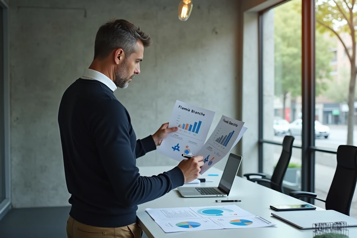 Homme analysant des graphiques dans un bureau moderne