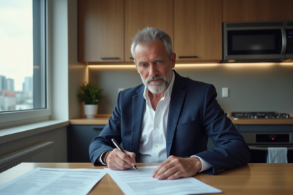 Homme d'âge moyen examinant des documents fiscaux à la maison