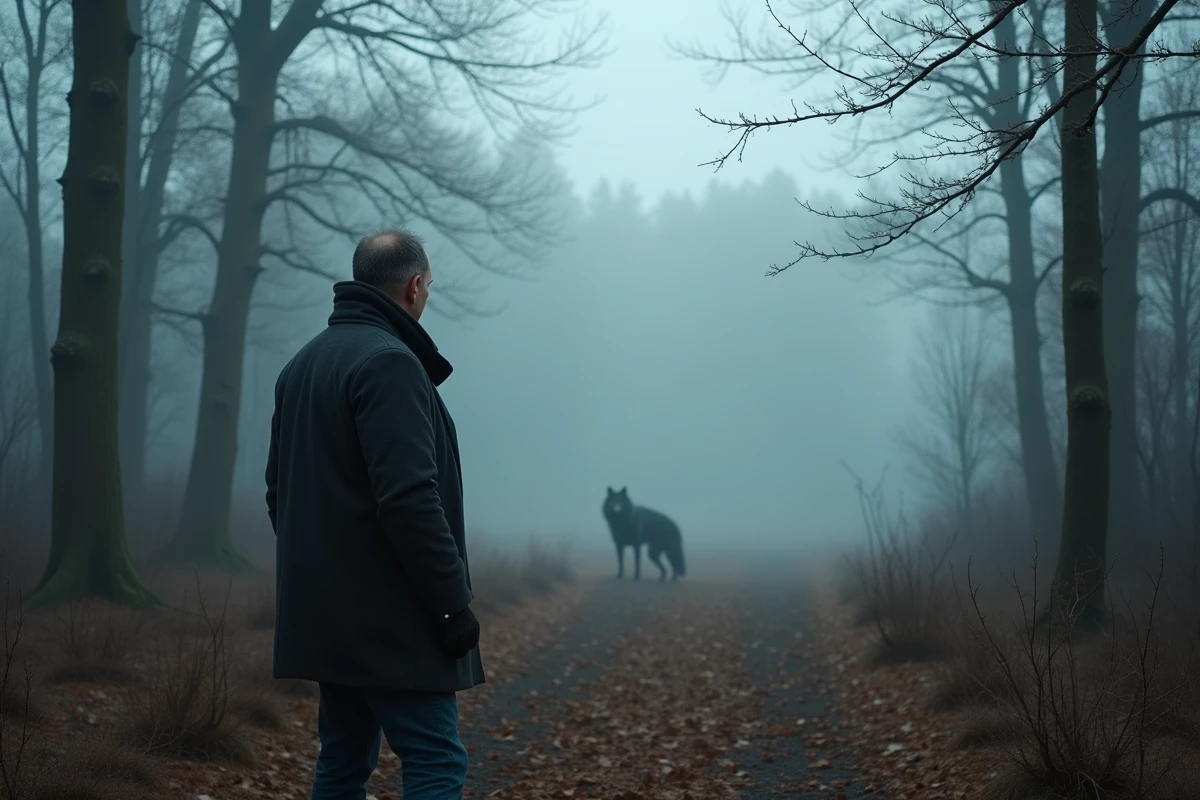 Homme seul face à un loup dans une forêt brumeuse en automne, métaphore visuelle de la citation philosophique homo homini lupus
