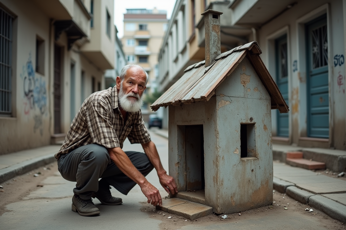 Homme âgé près maison miniature en béton et tôle en ville