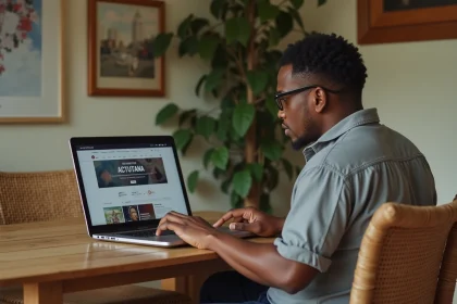 Homme malgache lisant un site d'actualités sur un ordinateur portable