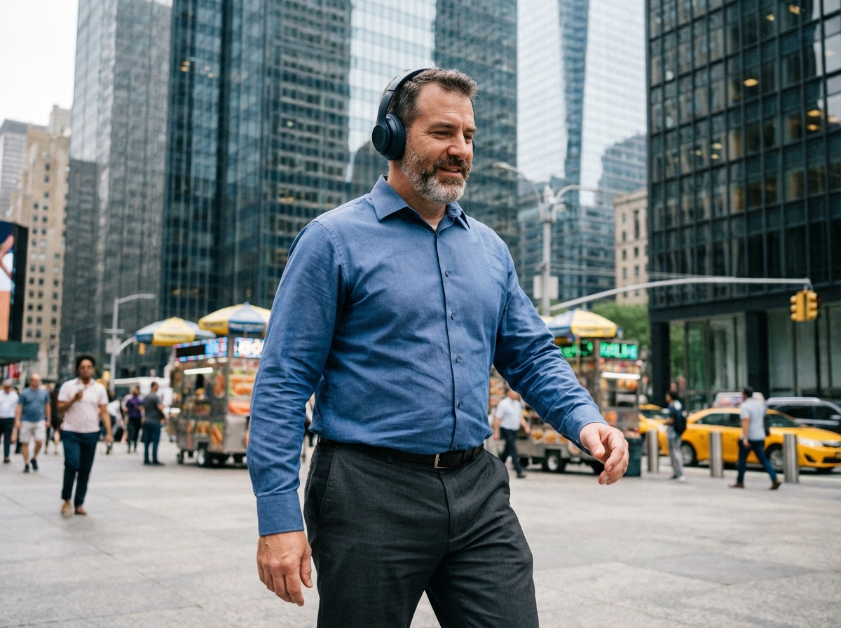 Homme marchant dans la ville en écoutant un podcast