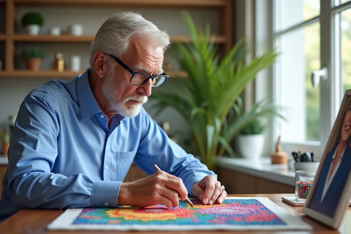 Homme âgé organisant des perles de diamants pour une peinture personnalisée