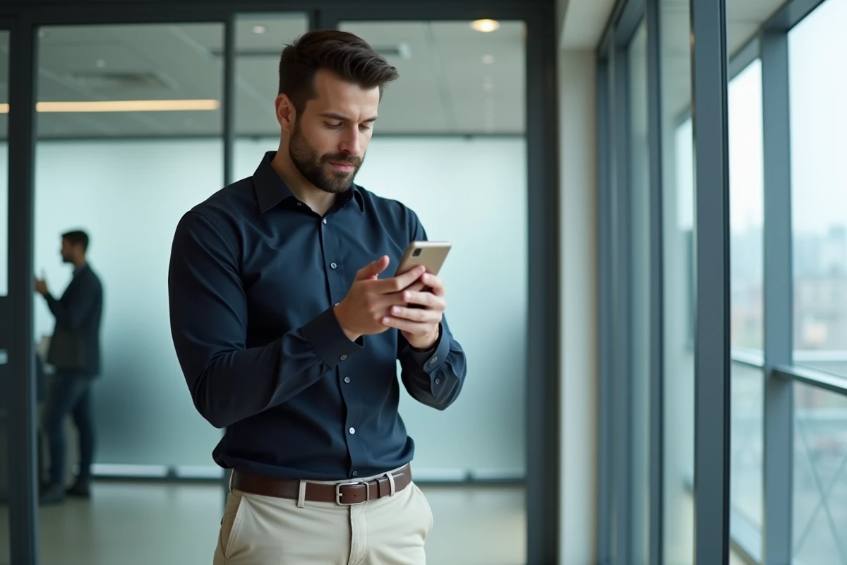 Homme vérifiant les paramètres de confidentialité de son smartphone dans un bureau moderne