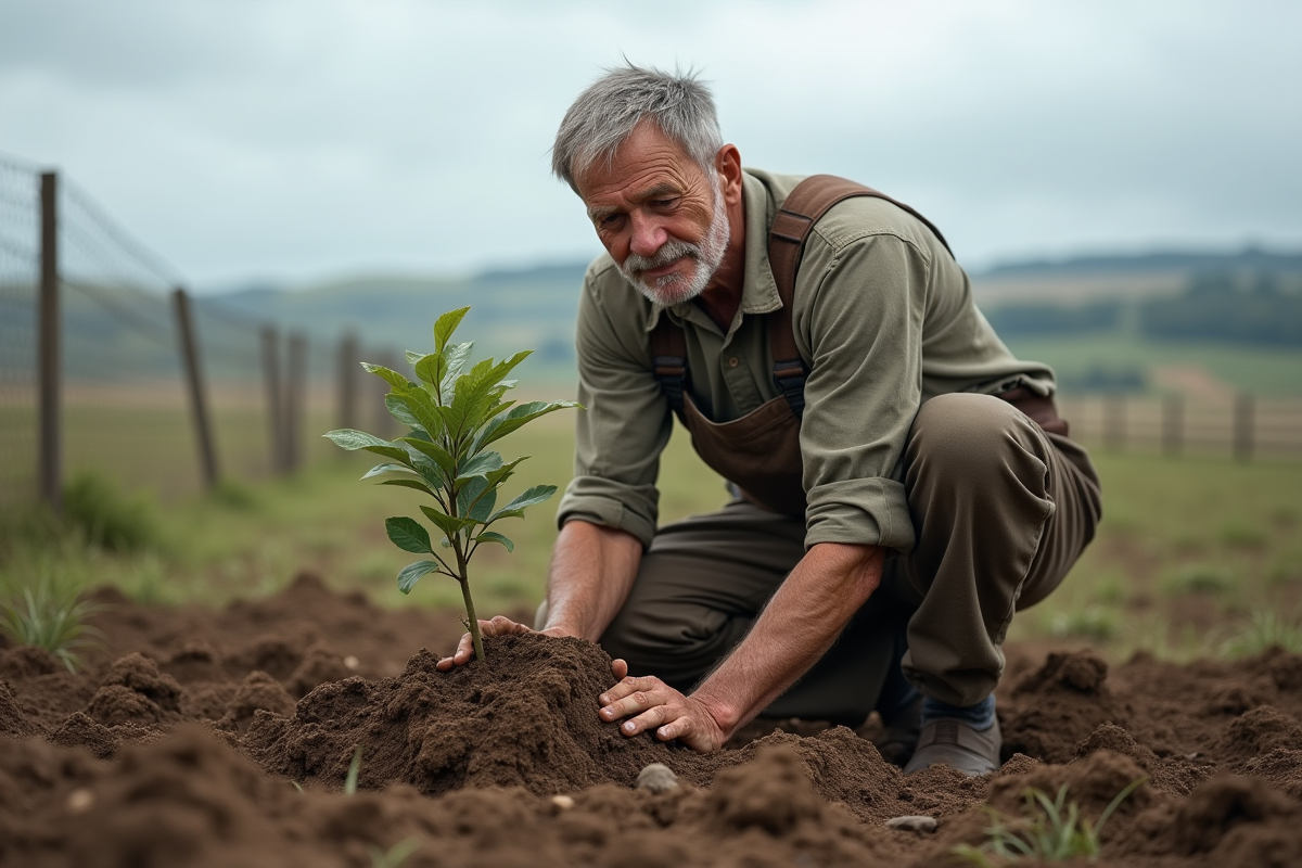 Homme âgé plantant un jeune arbre dans un champ rural
