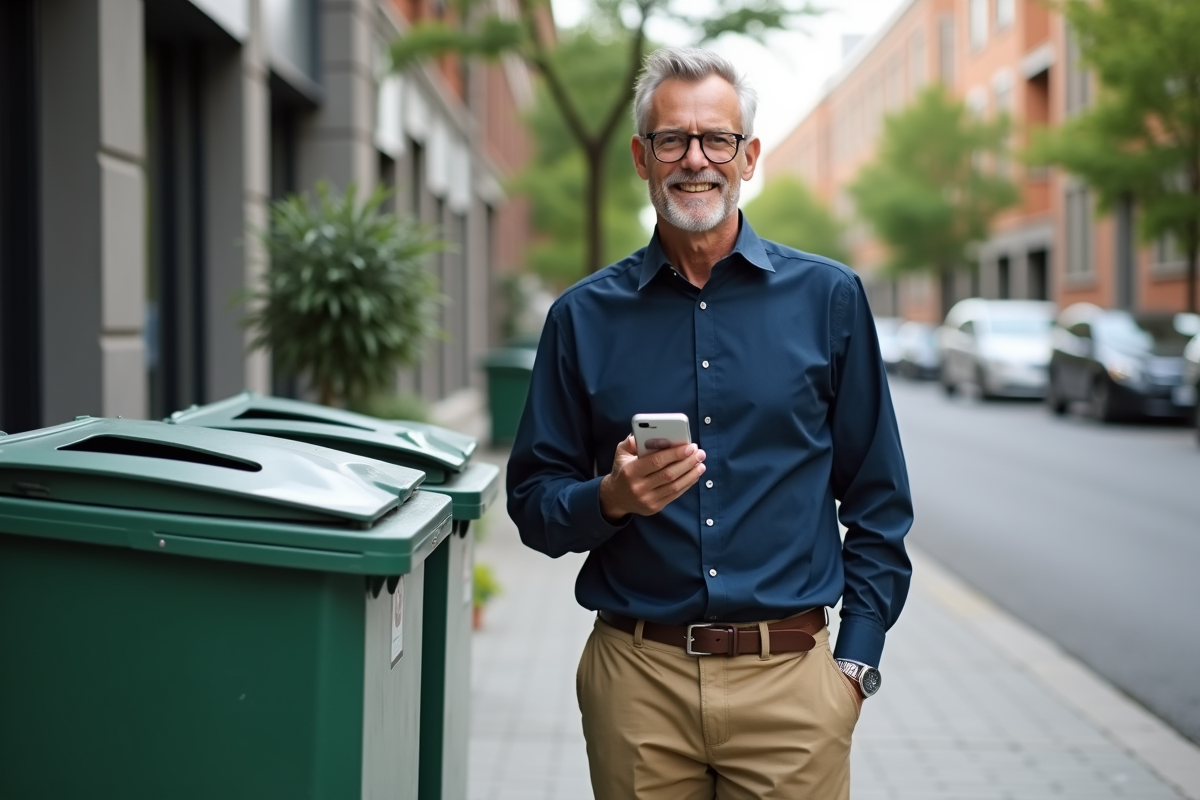 Homme avec smartphone vérifiant un ecolabel devant une borne de dons