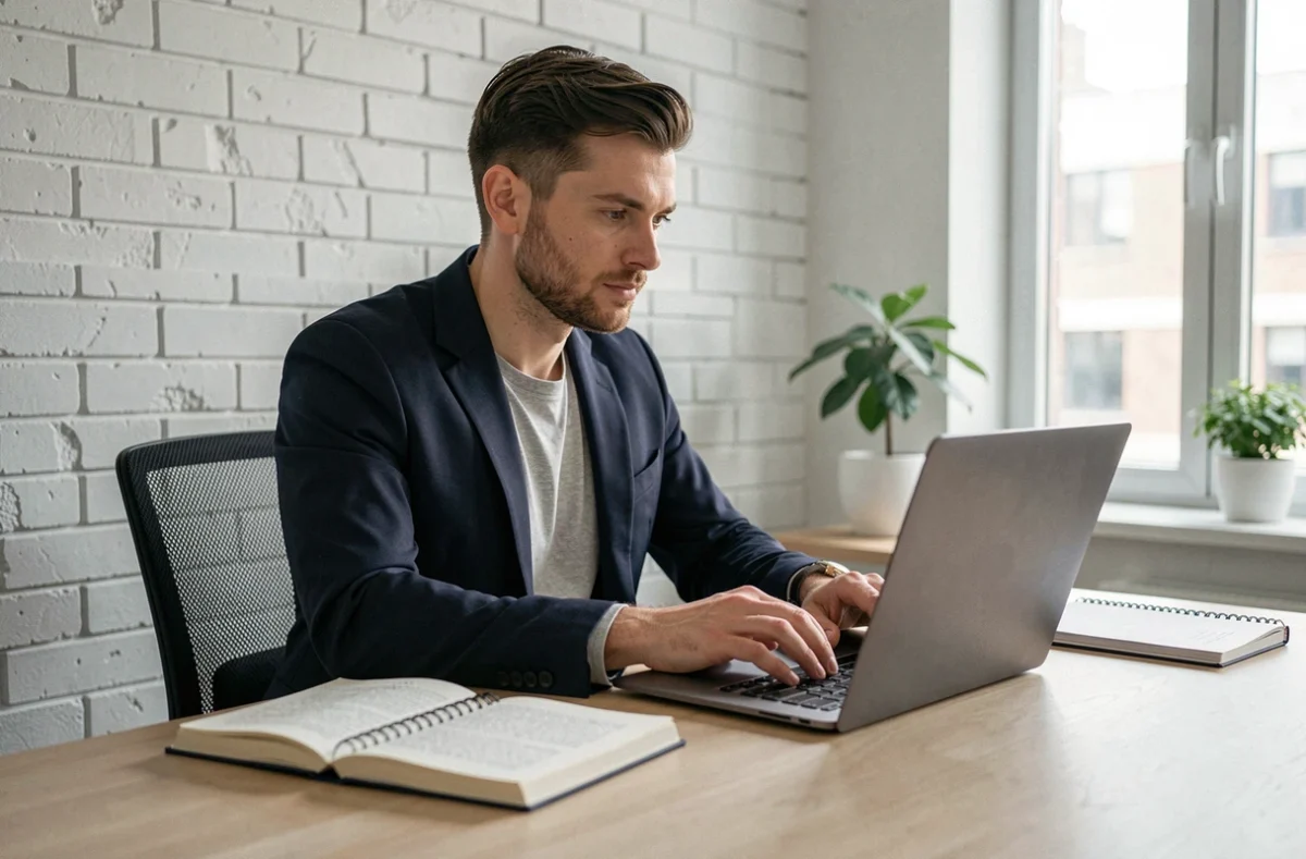 Homme utilisant un dictionnaire des synonymes et un ordinateur portable pour améliorer la rédaction de son CV à domicile