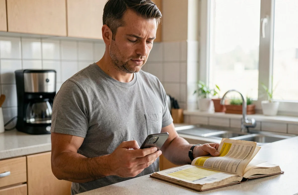 Homme utilisant un smartphone et un annuaire papier dans une cuisine pour comparer les méthodes de recherche téléphonique inversée