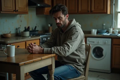 Homme seul dans une cuisine usée et désordonnée