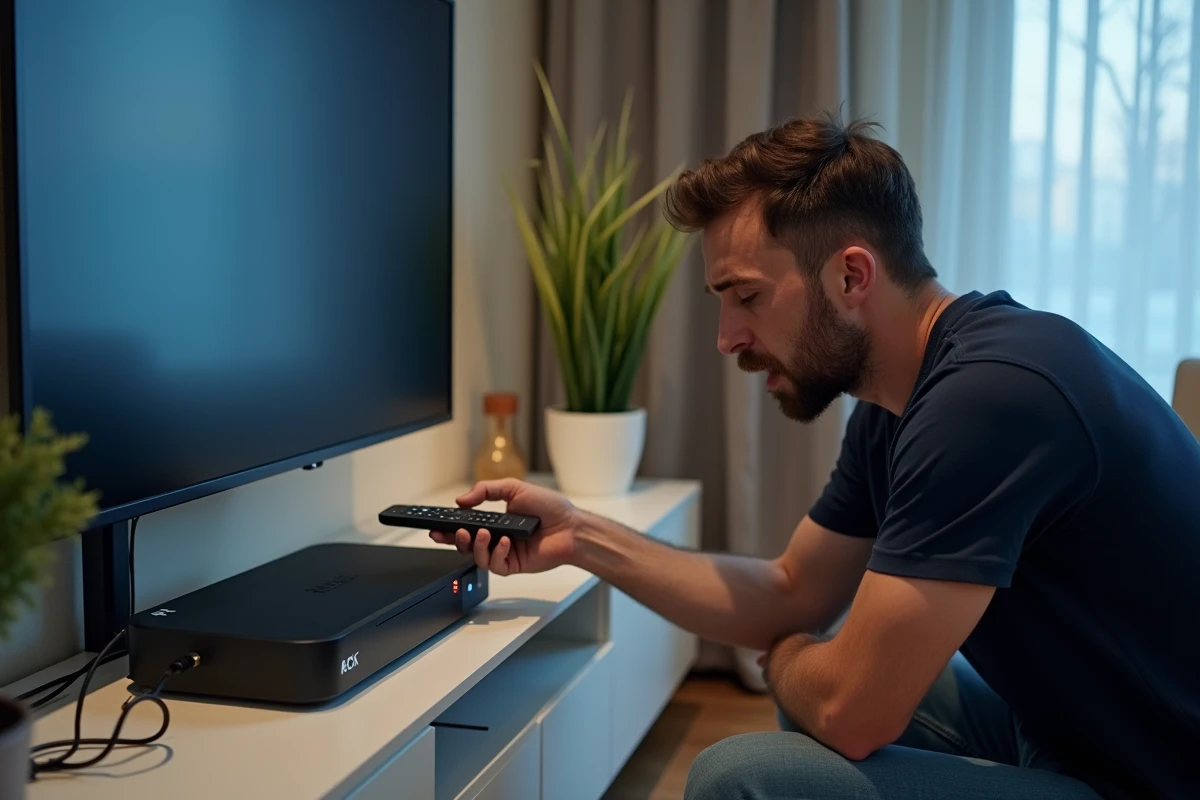 Homme pointant une télécommande Freebox vers le boîtier Freebox Player pour tester la connexion