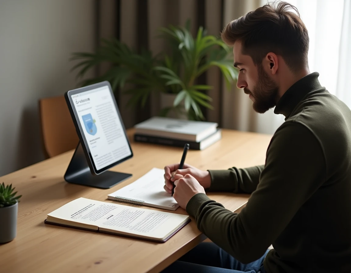 Homme en télétravail lisant un article de blog RSE sur une tablette et prenant des notes manuscrites pour construire une feuille de route RSE