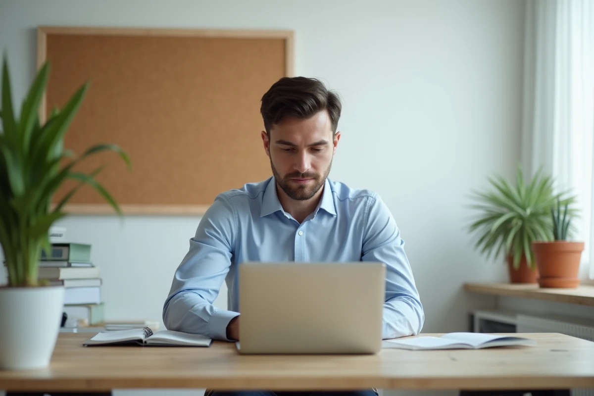 Homme professionnel travaillant sur un ordinateur dans un bureau lumineux
