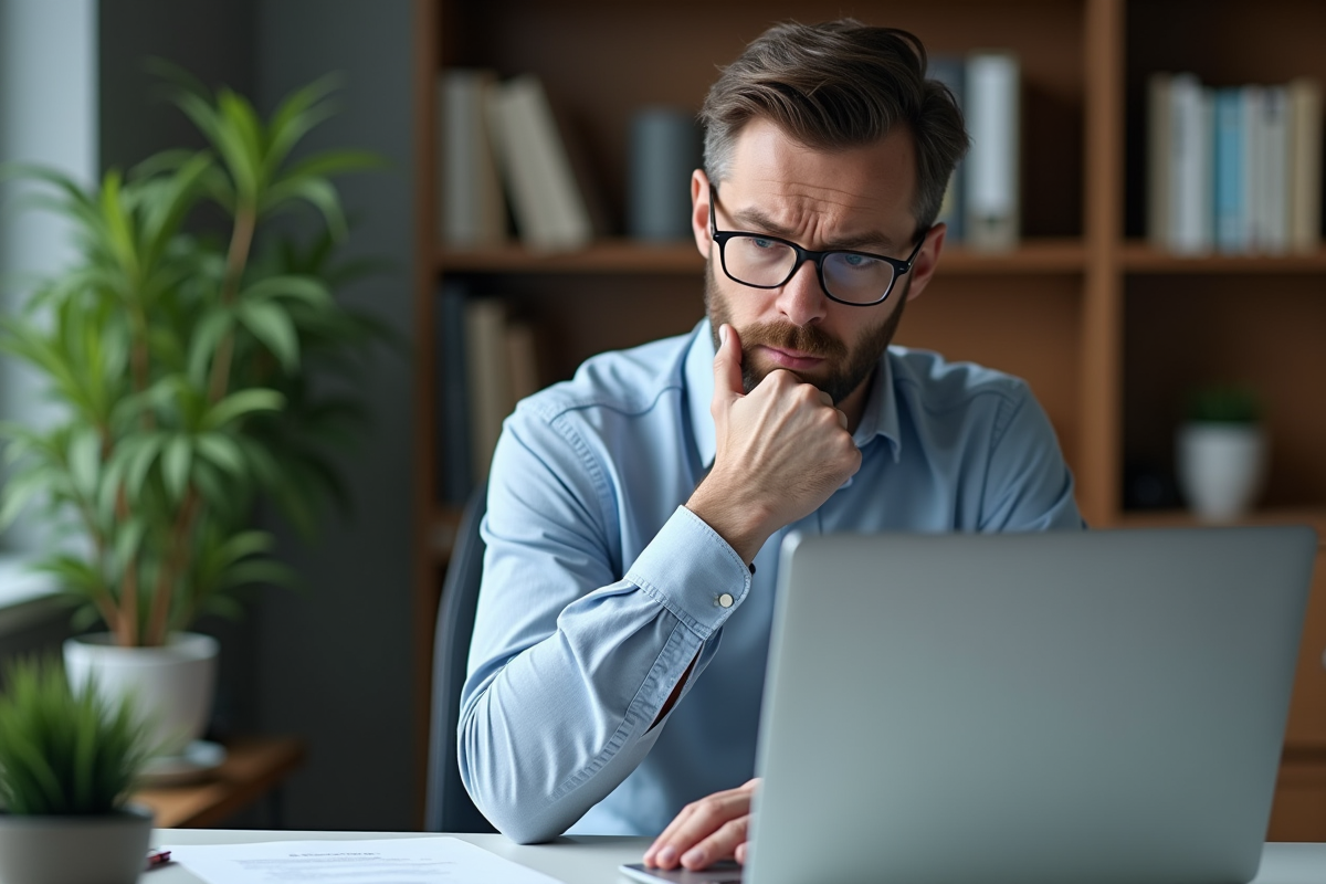 Homme d'âge moyen perplexe devant son ordinateur au bureau