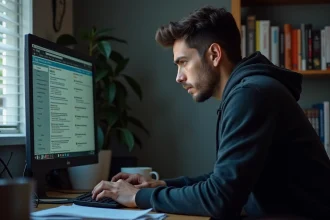 Homme scrutant un site de téléchargement torrent sur son ordinateur avec une expression de méfiance