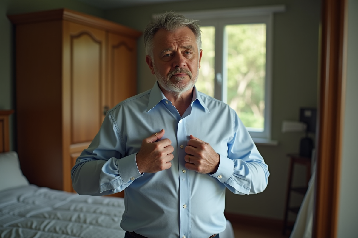 Homme ajustant une chemise brillante dans sa chambre