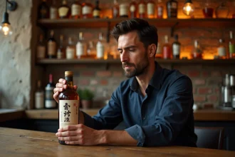 Homme français examinant une bouteille de whisky Akashi dans un bistrot parisien au décor en bois et brique