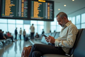 Homme consultant les horaires de prière sur smartphone dans un aéroport international pendant un voyage