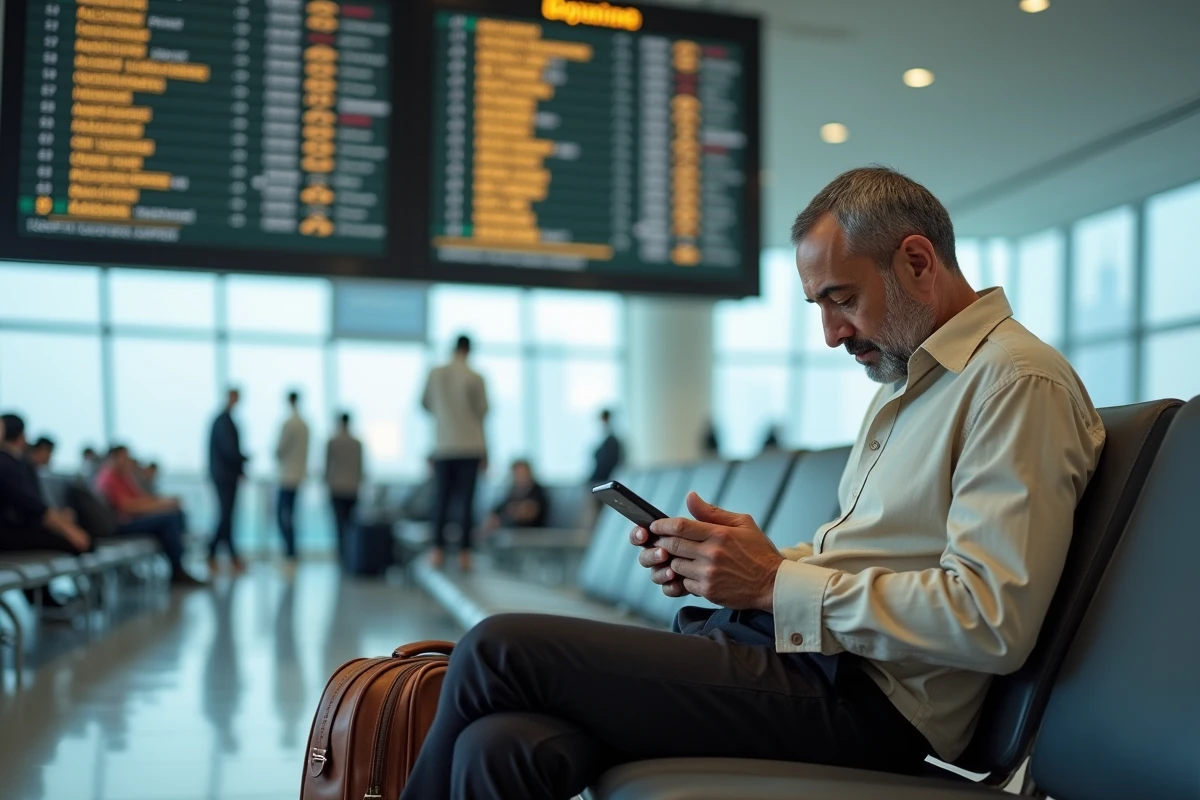 Homme consultant les horaires de prière sur smartphone dans un aéroport international pendant un voyage