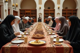 Fidèles réunis pour l'iftar à la mosquée de Ris-Orangis pendant le ramadan 2026, tables garnies de dattes et de plats traditionnels