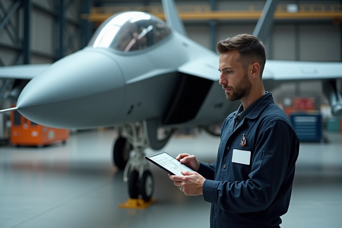 Ingénieur aérospatial examinant un prototype d'avion de chasse