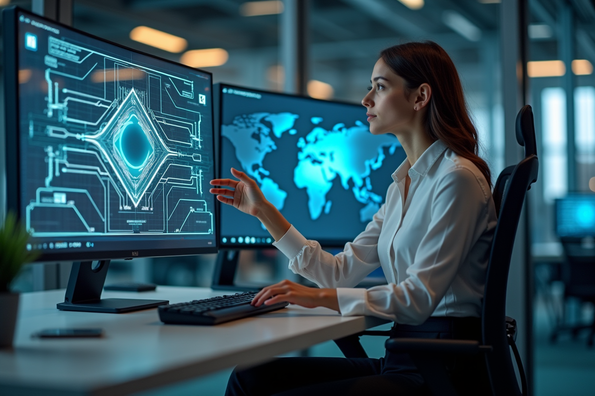 Ingénieure informatique regarde un schéma quantique sur un écran