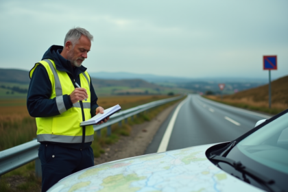 Inspecteur de trafic en veste haute visibilité examine une carte
