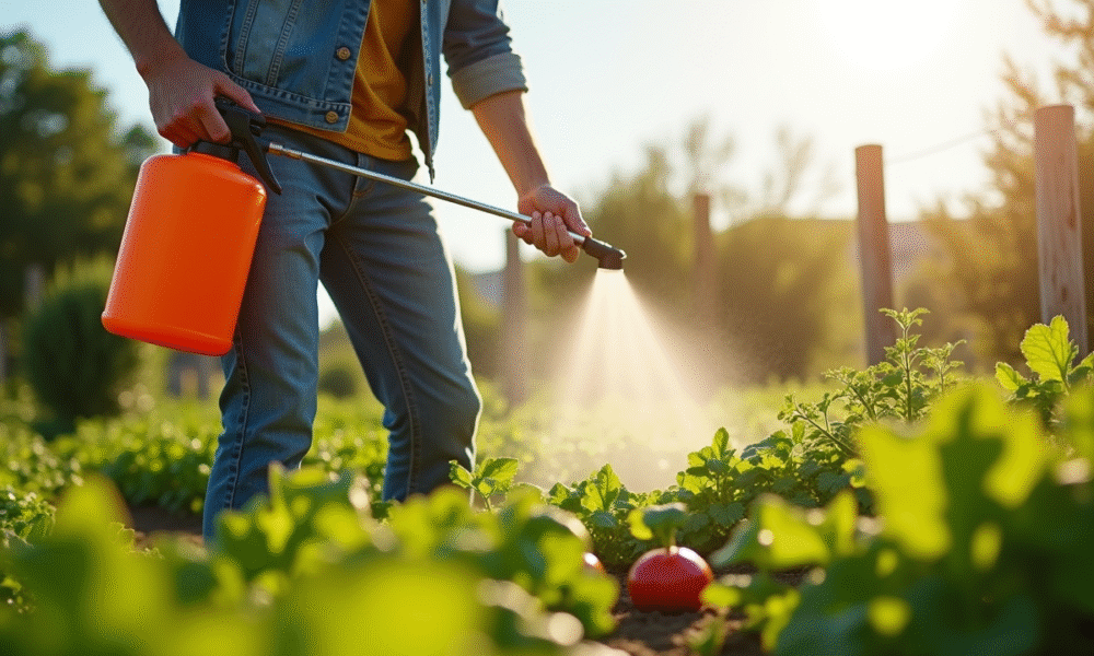 Personne arrosant un jardin potager naturel avec un pulvérisateur