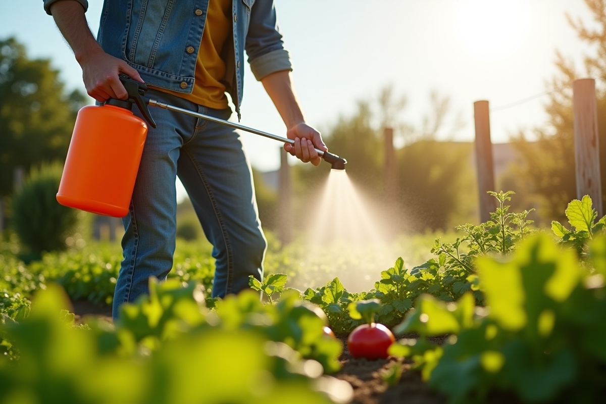 Personne arrosant un jardin potager naturel avec un pulvérisateur