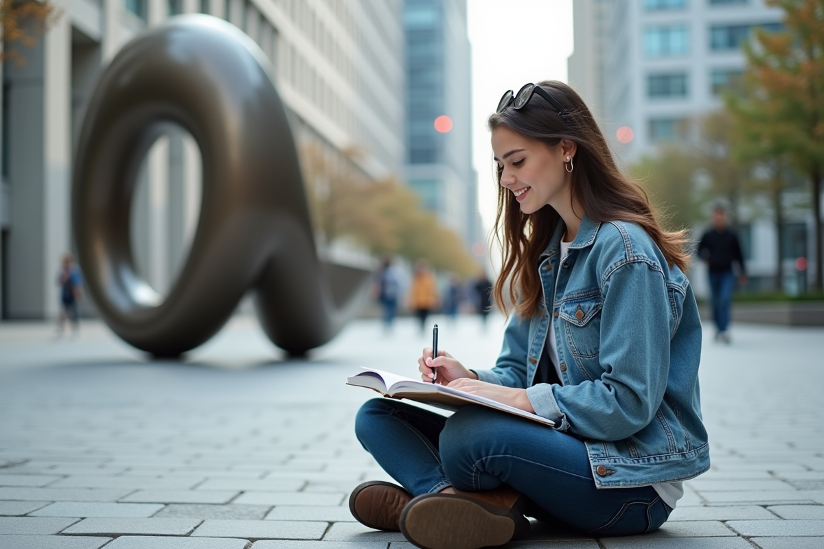 Jeune femme esquissant une sculpture moderne en ville