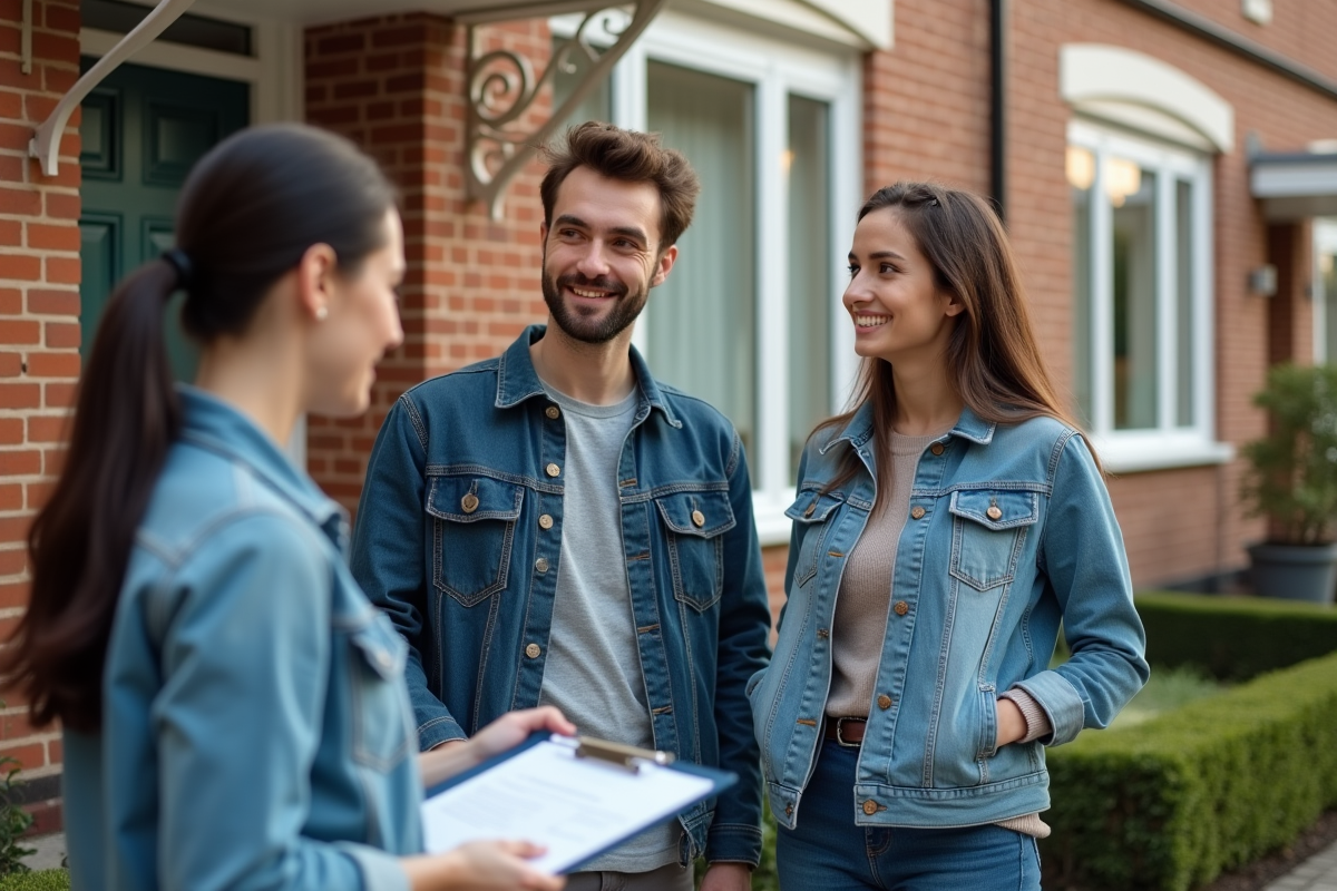 Jeune couple discutant avec un notaire devant une maison