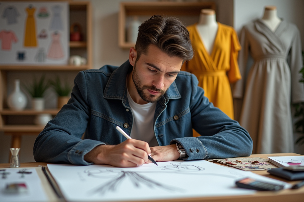 Jeune designer dessinant des vêtements dans son studio moderne