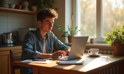 Jeune entrepreneur travaillant sur un laptop dans une cuisine lumineuse