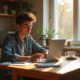 Jeune entrepreneur travaillant sur un laptop dans une cuisine lumineuse