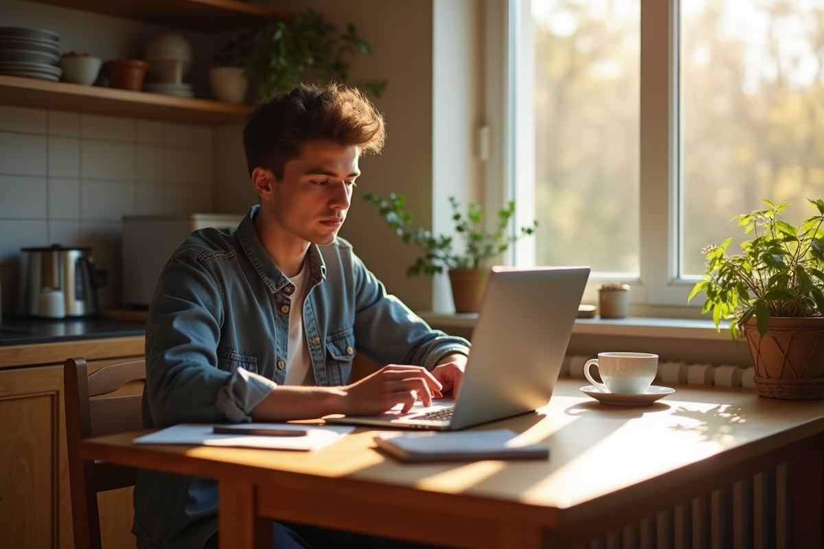 Jeune entrepreneur travaillant sur un laptop dans une cuisine lumineuse