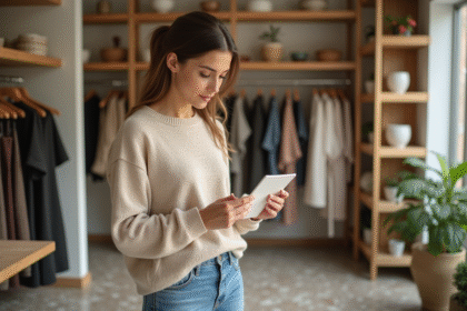 Jeune femme examine une étiquette de vêtement dans une boutique