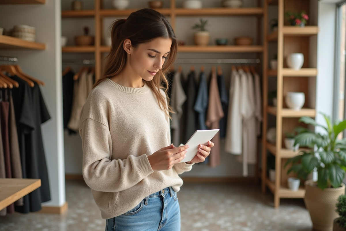 Jeune femme examine une étiquette de vêtement dans une boutique