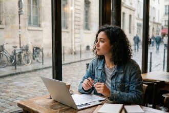 Jeune femme pensif dans un café parisien avec notebooks