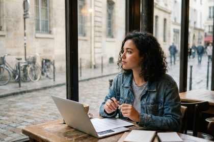 Jeune femme pensif dans un café parisien avec notebooks