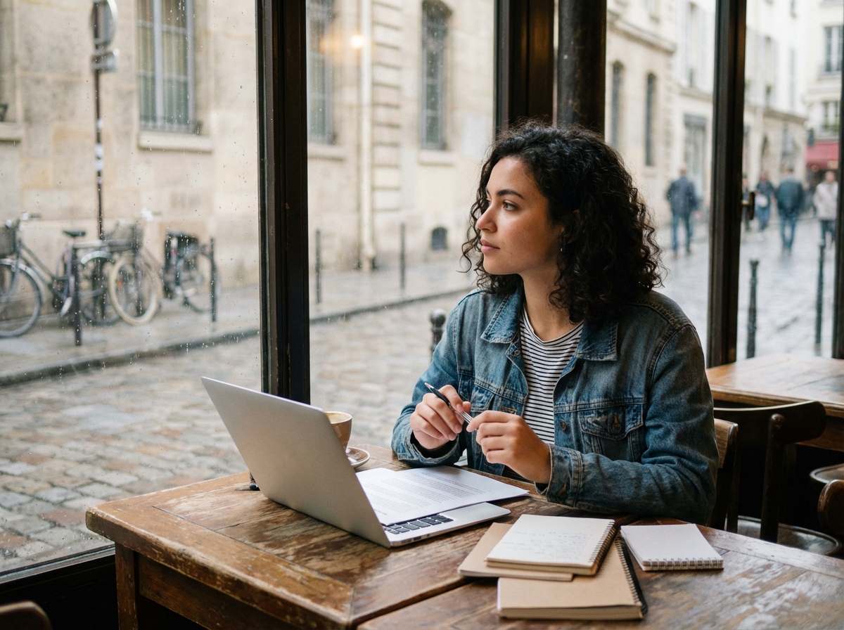 Jeune femme pensif dans un café parisien avec notebooks