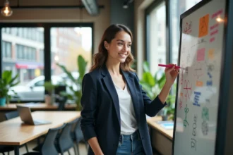 Jeune femme en coworking esquissant des idées avec des marqueurs
