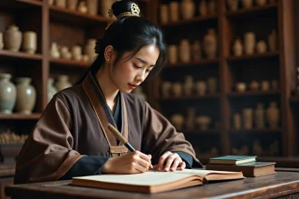 Jeune femme en Hanfu écrivant dans un carnet ancien