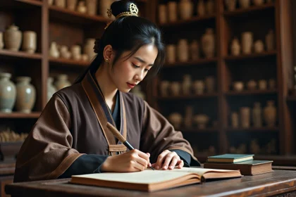 Jeune femme en Hanfu écrivant dans un carnet ancien