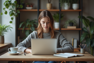 Jeune femme concentrée sur son ordinateur dans un bureau moderne