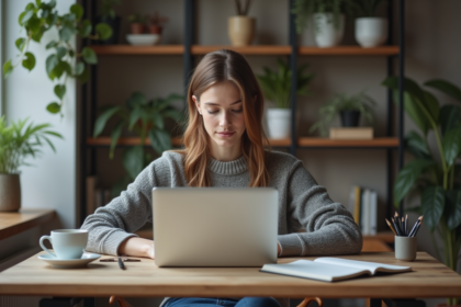 Jeune femme concentrée sur son ordinateur dans un bureau moderne