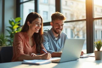 Jeune femme et jeune homme travaillant ensemble au bureau