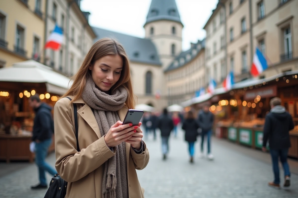 Jeune femme lisant un calendrier sur son téléphone en ville