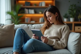 Jeune femme lisant des webtoons sur une tablette dans un salon cosy