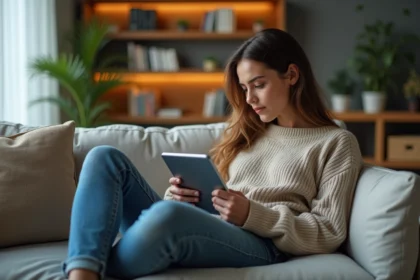 Jeune femme lisant des webtoons sur une tablette dans un salon cosy