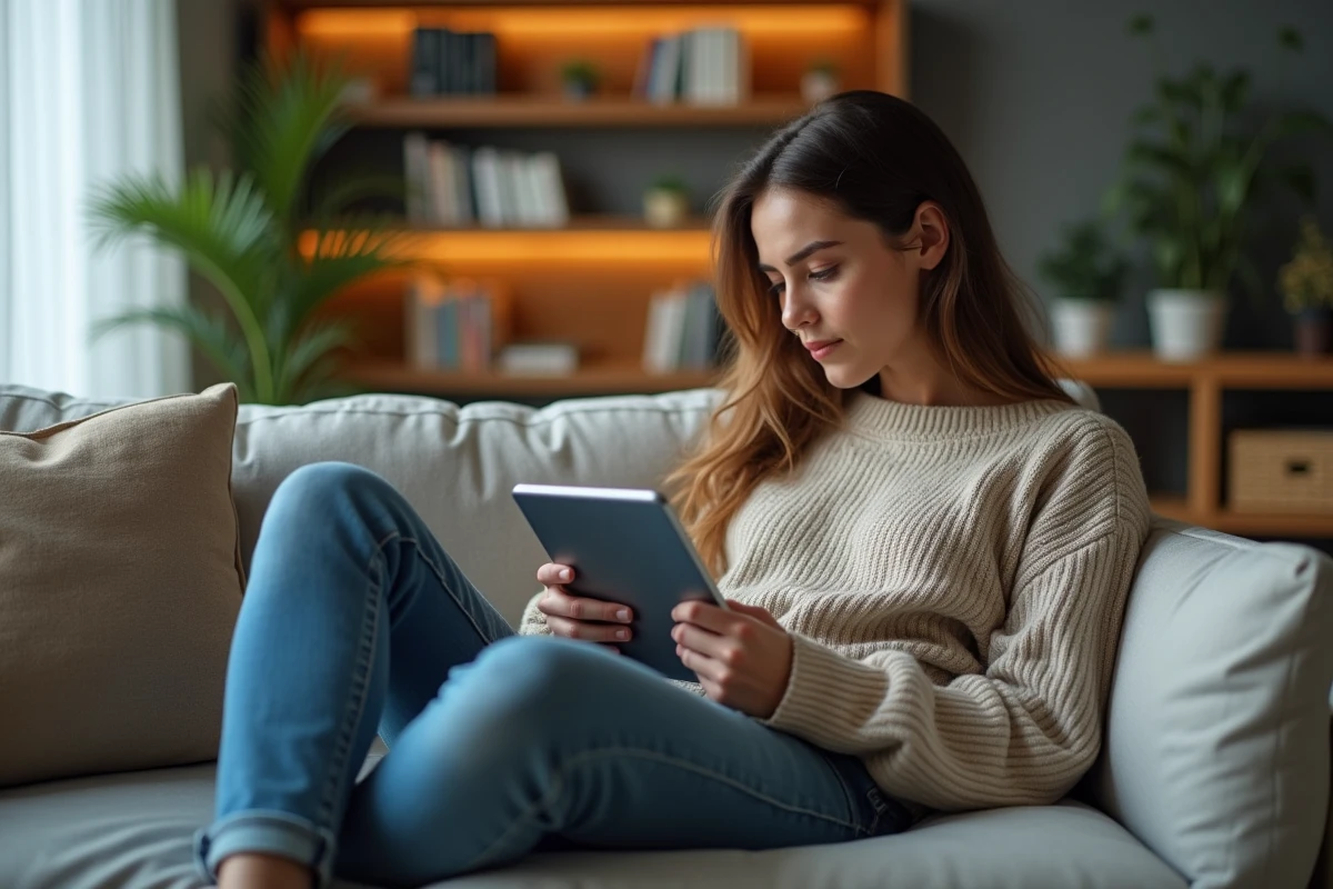 Jeune femme lisant des webtoons sur une tablette dans un salon cosy